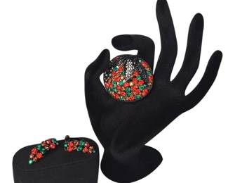 Warner Strawberry Rhinestone Black Metal Brooch * Clip on Earrings Set
