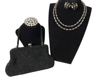 Vintage Rhinestone Round Brooch * Silver tone Bead Necklace/Earrings * Beaded Black Evening Bag
