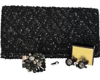 Vintage Black Austrian Made Crystal Brooch * Black Beaded Handbag * Black Crystal Clip on Earrings
