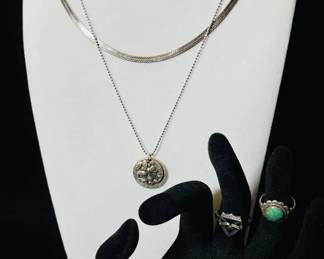 Misc. Sterling Silver Lot * 2 Rings * 925 Chain with Pendant * 5.5g 16” Chain W/ slight Kinks
