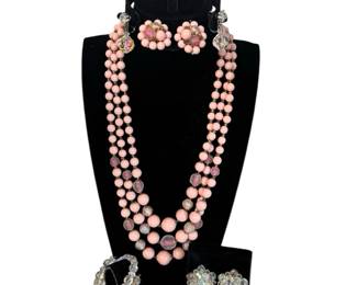 Vintage Pink Glass Beads Clip On Earrings / Necklace Set * Iridescent Bead Earrings/bracelet
