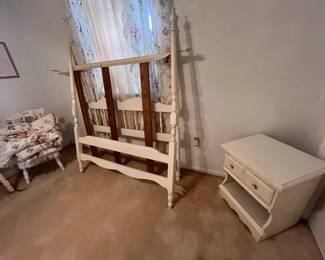 Full bedroom set with full size bed frame, side table, desk, tall boy dresser, and regular dresser.