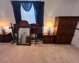 King size bedroom set with bed frame, 2 side tables, dresser, and armoire 