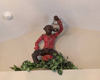 Unique Tall Polychrome Door Butler Monkey Statue with Lantern
