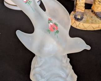 LE Smith Bird In Flight Frosted Satin Glass Figurine with Hand Painted Flowers