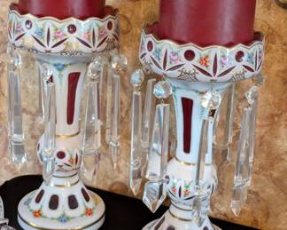 Beautiful pair of Bohemian Overlay cranberry mantle lusters with hanging crystals (one crystal is broken)