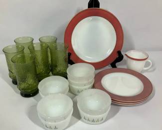 MidCentury Anchor Hocking Rainflower Avocado Glass Tumblers and Milk Glass Bowls 