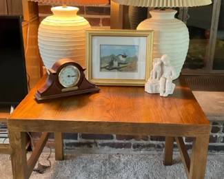 Cozy Living Room Side Table Decor Group with Lamps, Clock, and Framed Art