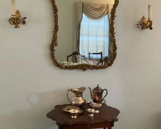 Ornate GoldFramed Wall Mirror with Wood Console Table  SilverTone Serving Pieces