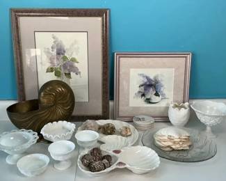 Decorative Home Dcor Lot with Framed Floral Art, Milk Glass, and Shell Accents