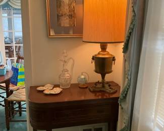 Vintage Wood Console Table with Brass Lamp Framed Artwork