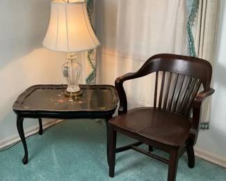 Accent Furniture Lot with Lamp, Side Table, and Wooden Armchair