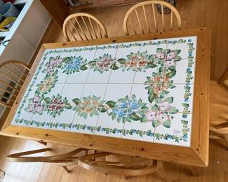 Wood Dining Table with HandPainted Tile Inlay Top