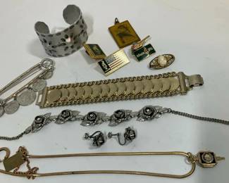 Vintage Jewelry and Accessories Lot with Bracelets, Pins, Cuff, and Coins