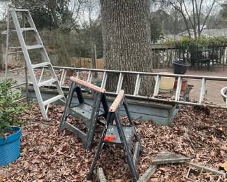 Extension Ladder, 6 Foot Ladder And Two Plastic Sawhorses Foldable