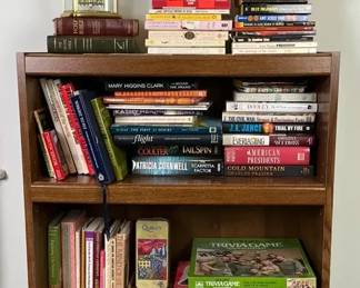 Wood Bookcase with Assorted Books, Games, and Puzzles