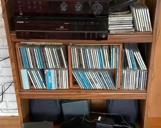 Audio Media Storage Cabinet with Stereo Components, CDs, Speakers, and Printer