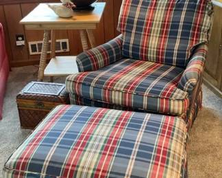 Plaid Upholstered Lounge Chair with Oversized Ottoman, Side Table, Lamp Basket