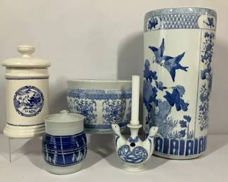 Blue White Porcelain Decor Collection with Canister, Bowl, Vase, and Candlestick