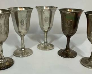 003 Set of Five Vintage Sterling Silver Goblets with C Monogram