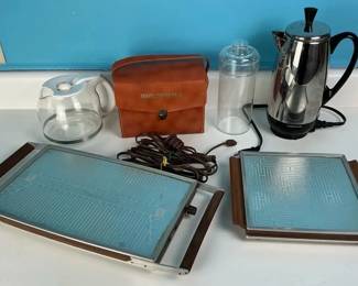 Coffee Serving Lot with Electric Percolator, Trays, and Travel Set