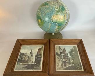 Globe With Two Framed Pieces Of Art