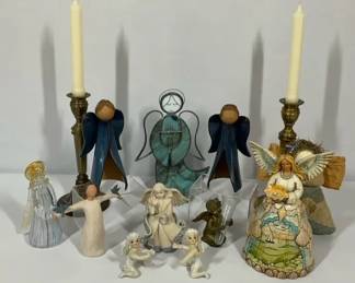 Angel Figurine Collection with Brass Candlesticks 