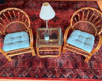 Vintage Rattan Seating Set with Side Table and Lamp