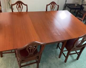Sheridan Style Mahogany Drop Leaf Table 5 Shield Back Side Chairs, And One Captains Chair
