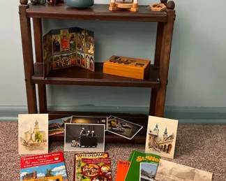 Vintage Wooden Display Shelf with European Souvenirs Collectibles