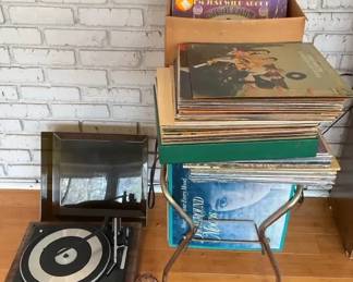 Vintage Record Player with Large Vinyl Record Collection