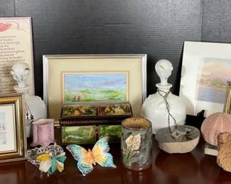 Assorted Decorative Art Curio Collection with Framed Prints and Figurines