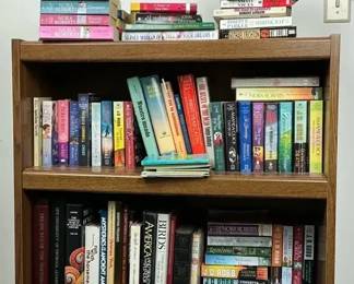 Wood Bookcase with Large Assortment of Hardcover and Paperback Books