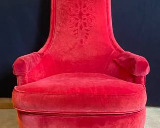 Beautiful Red Velvet high-back armchair with carved wooden legs
