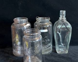3 Vintage Clear Liquor Bottles * Old Quaker * 2 Vintage Kerr Economy Canning Jars

