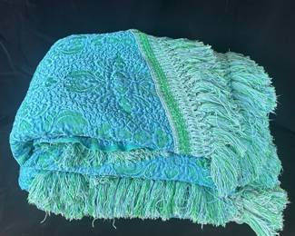 2 Vintage Mid Century AMAZING Fringed Blue and Green Design Woven Twin Bedspreads
