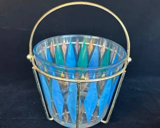 Mid Century Glass Ice Bucket with Gold Tone Metal Carrier
