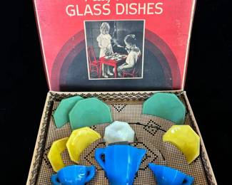Vintage Akro-Agate Co Play Time Glass Dishes * Bright Colors Slag Glass
