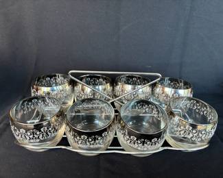 8 Beautiful Mid Century Vintage Smoke Roly Poly Cocktail Glasses with Silver Tone Holder
