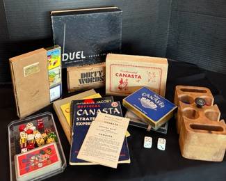 Vintage Canasta Cards And Game * White Porcelain Dice * Bridge * Vintage Mickey Mouse Cards
