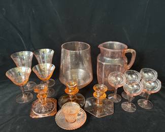15 Pieces of Vintage Pink Glass Vases * Stemware * Candle Sticks * Tiny Teacup/Saucer
