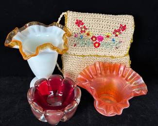 2 Fenton Ruffle Edge Dish / Vases * Possible Murano Dish * Vintage Woven Purse
