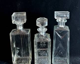3 Clear Glass Vintage Whiskey Bottles
