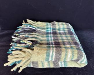 Green Plaid Woolen Fringed Throw 46 X 46
