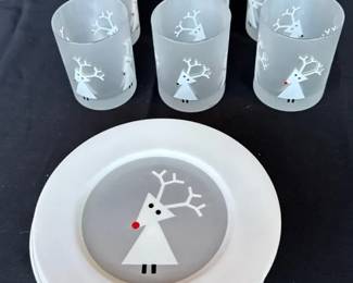 Crate & Barrel Holiday Set For 6 * Frosted 4” Glasses * 8” Plates
