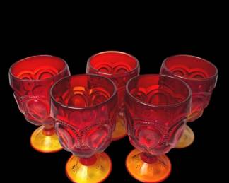5 Vintage Bright Red and Yellow Glass Footed Water Goblets
