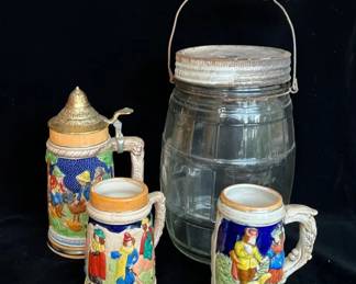 3 Collectible Steins & Vintage Glass Jar with Lid & Handle
