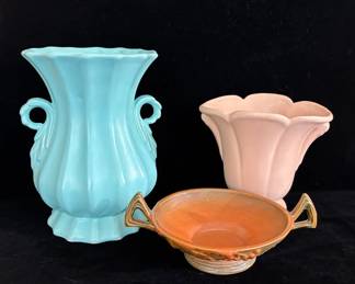 Vintage Roseville USA Bush berry Double Handle Dish * 2 Vintage Pottery Vases
