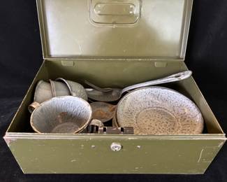 Vintage Gray Metal Enamelware Utensils and Dish Set
