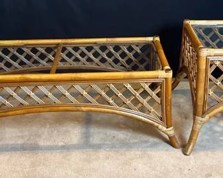 Ratan and Glass Coffee Table and Side Table
